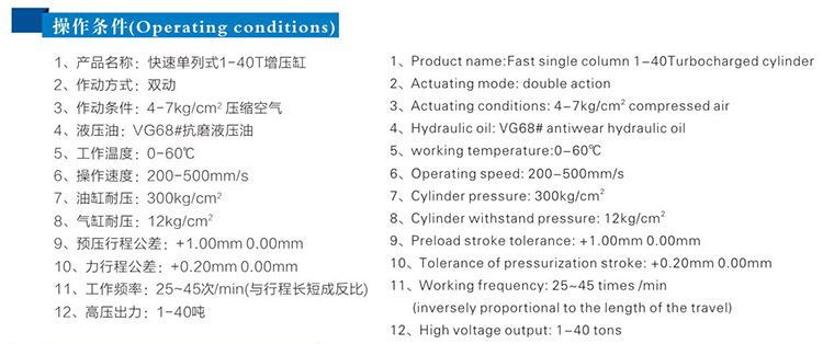 快速單列式氣液增壓缸操作條件